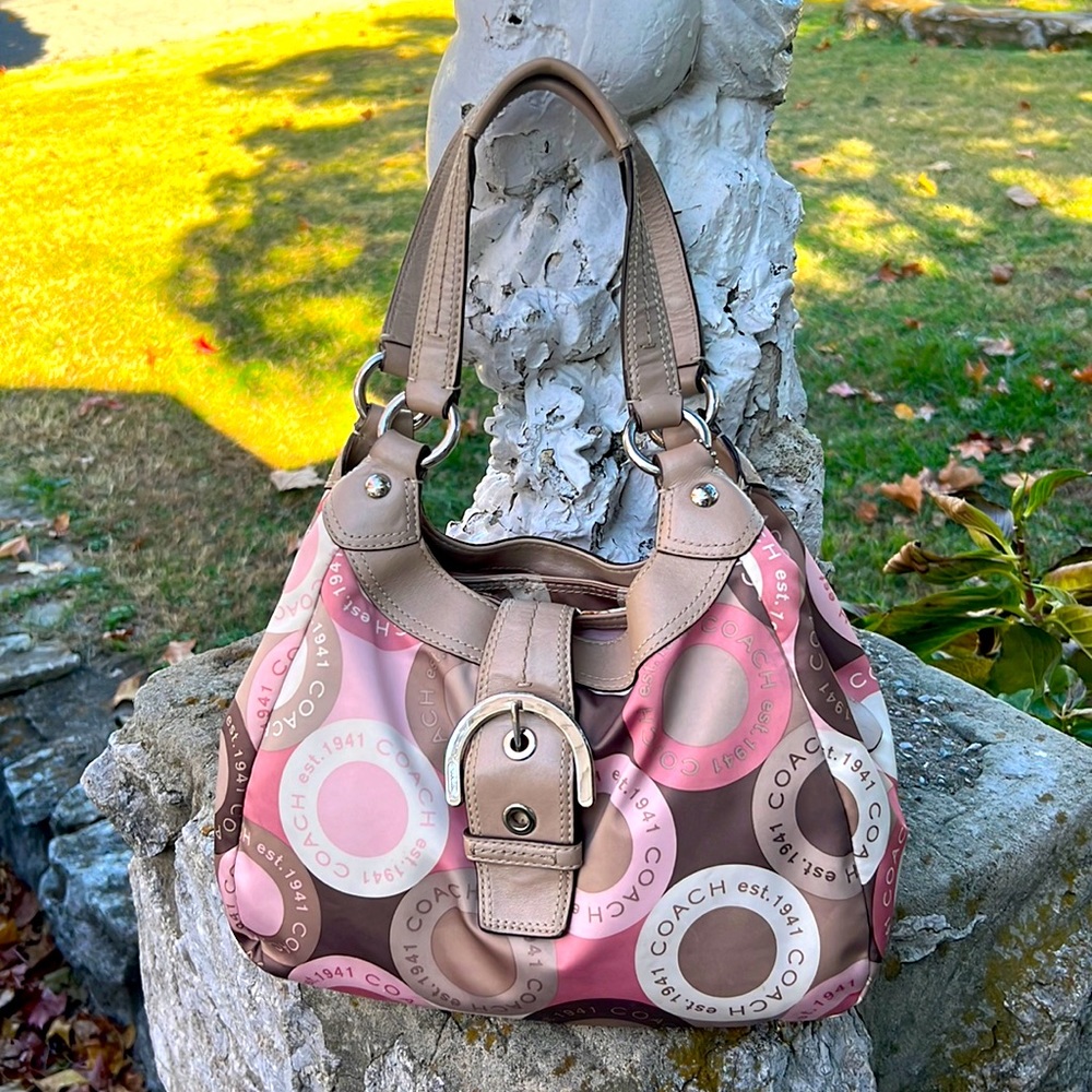 EUC Coach Soho Snaphead Hobo Pink & Tan Sateen Signature Shoulder Bag F18441